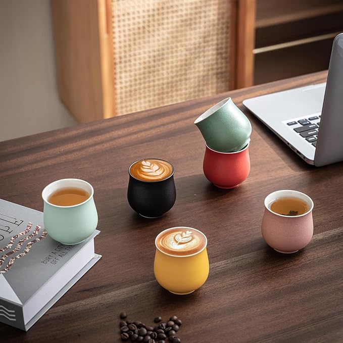 4-Oz Ceramic Espresso Cups Set - Multi-Color, Handle-Free Design for Home & Cafe | Dishwasher-Safe Stoneware Cups (brown,4)
