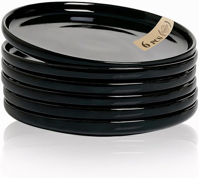 Ceramic Appetizer Plates Set of 6,Small Mini Dessert Plates 6 Inch,Black Round Salad Plate,Porcelain Cake Plates for Waffle,Pie,Saucers,Snack,Cat Dishes,Microwave & Dishwasher Safe