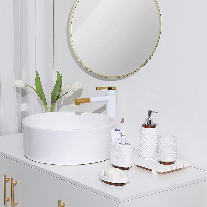 Elegant 4 PCS Ceramic&Wood Bathroom Accessories Set:Soap Dispenser,Toothbrush Holder,Tumbler,Soap Dish,Easy to Clean,Quatrefoil Pattern,White-Affordable Luxury for Home Decor Enthusiasts