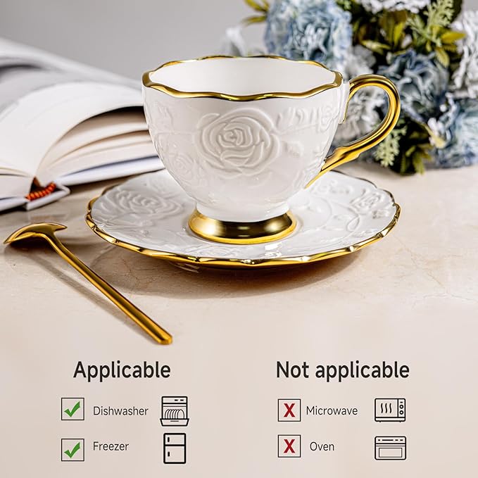 Cappuccino Cups with Saucers Set of 6, 7 OZ Ceramic Coffee Cup Set, Double Espresso Cups with Gold Trim Raised Floral Motif Tea Cup and Saucer Set for Latte, Cafe, Valentine's Day Gifts