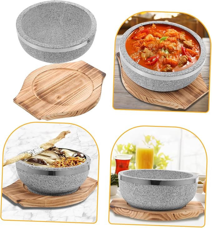 1set Korean Stone Pot - Natural Stone Bowl for Authentic Dishes No Coating Wood Base for Bibimbap Soup and Stews