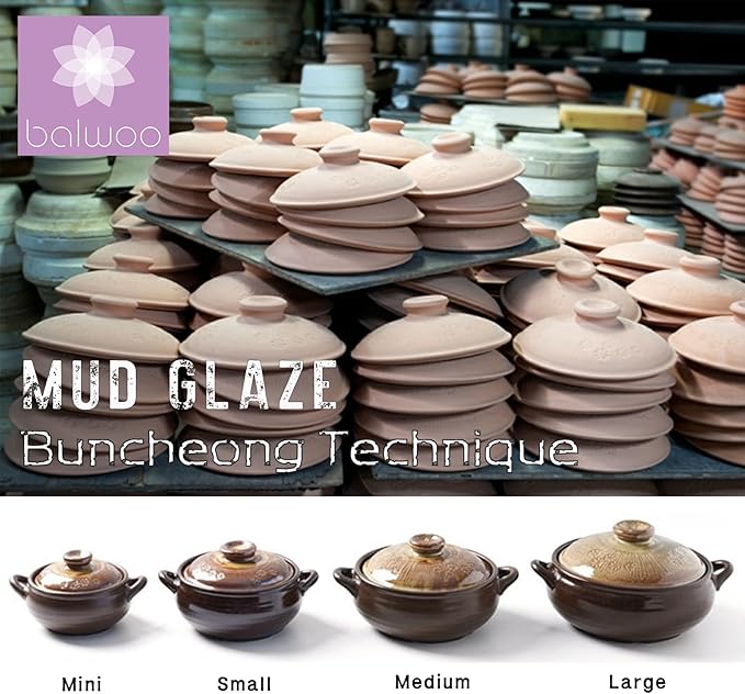 Korean Pot [Buncheong][44oz, 1300ml] MUD GLAZE Earthenware Ttukbaegi, Natural Ceramic Clay Cooking Pot Casserole, Heat Resistant Earthen Pot, Stone Bowl Stockpot Soup Crock, Pottery Bowl