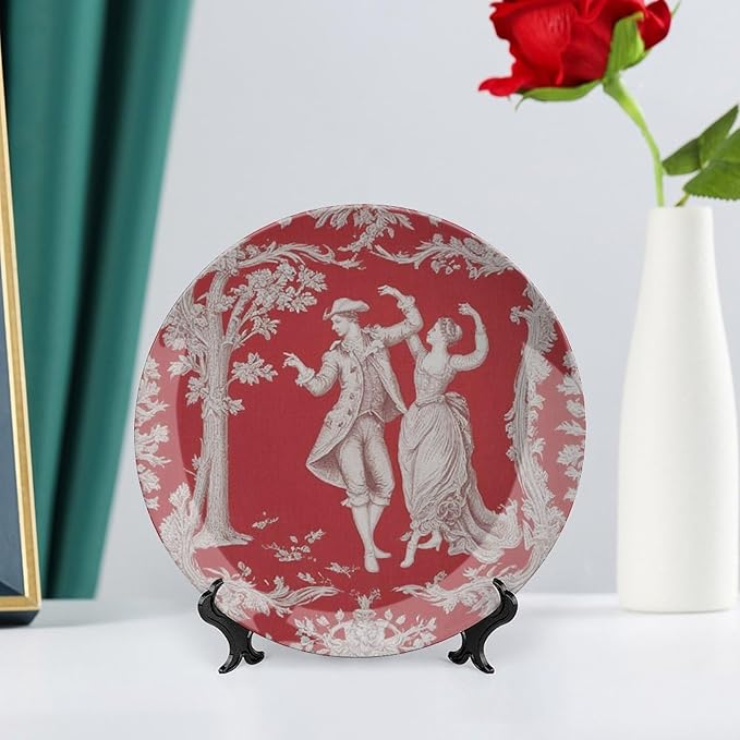 Red And White Toile China Plates, Chinoiserie Toile Personalized Wall Decorative Plate for Wall Office Housewarming Gifts Decor, with Vertical Stand Art Decorations for Table Home