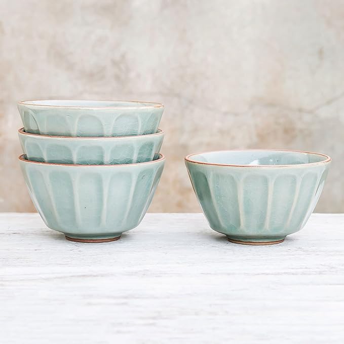 NOVICA Artisan Handmade Celadon Ceramic Bowls from Thailand Set of 4 Green Tableware Dinnerware [ 2.8in H x 4.7in Diam. 10 Oz.] ' Simple Thai' Set of 4