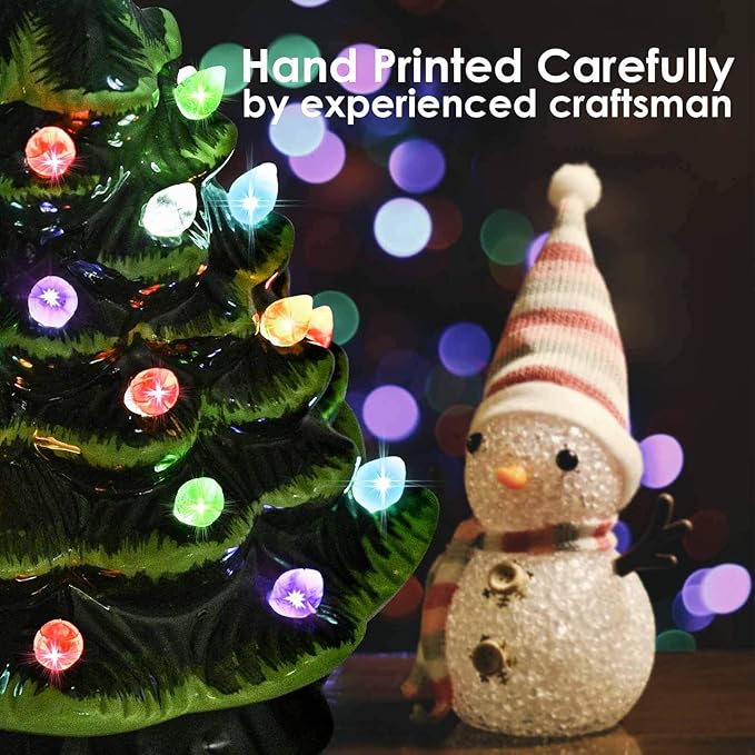 GIVERARE Ceramic Christmas Tree with 6H Timer, 8” Pre-Lit Hand-Painted Tabletop Xmas Decor with 32 Multicolored Lights&Top Star, Retro Centerpiece for Holiday, Party Supplies, Decoration