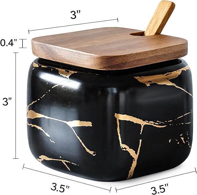 Marble Ceramics Sugar Bowl Ceramic Seasoning Box Ceramic Spice Jars Porcelain Condiment Pots with Lid and Spoon (Black)