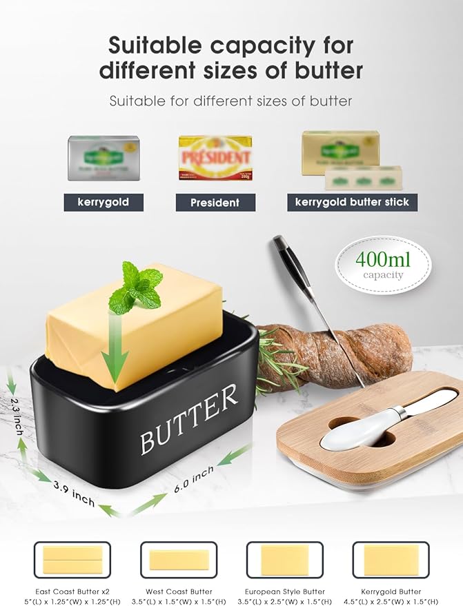 Butter Dish with Lid: Large Butter Dish for Countertop - Ceramic Butter Keeper Container with Knife and High Quality - Silicone Sealing Butter Box for Home Decor Good Kitchen Gift Black