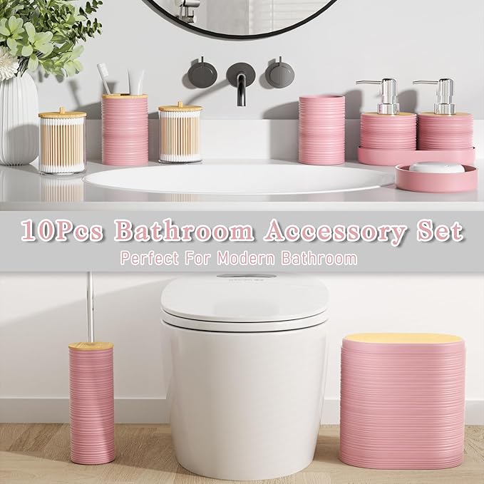 Pink Bathroom Set - 10PC Bathroom Accessories Set, Luxury Bathroom Accessory Set with Trash Can,Toilet Brush & 2 PC Soap Dispensers for Apartment Decor and Housewarming