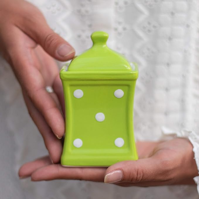 City to Cottage Handmade Small 5.3oz/150ml Ceramic Kitchen Herb, Spice, Storage Jar with Lid, Pottery Canister, Housewarming Gift (Green Polka Dot)