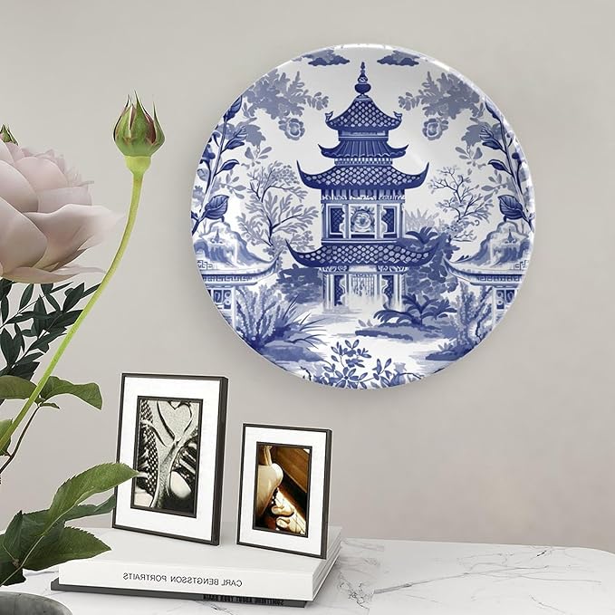 Fashion Plates Chinoiserie Blue Asian Pagoda Custom Decor for Housewarming Gifts Office Wedding Club Porcelain Dessert Plate Set Unique Art with Stand, Multi Sizes by Choosing, Gifts for Men Women