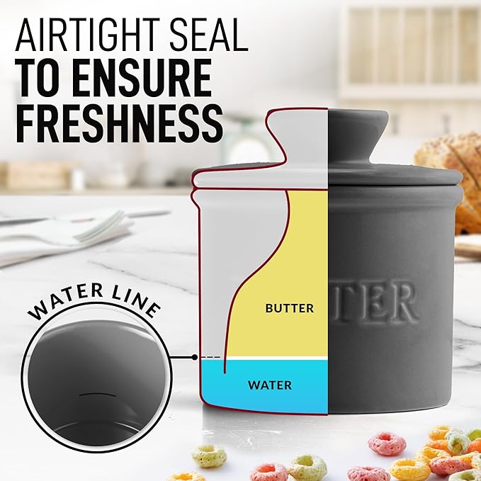 Zulay Kitchen Bell Shaped Butter Crock with Lid for Countertop with Water Line & Spreader Knife, Ceramic French Butter Dish Keeper For Fresh, Soft & Spreadable Butter - Gray