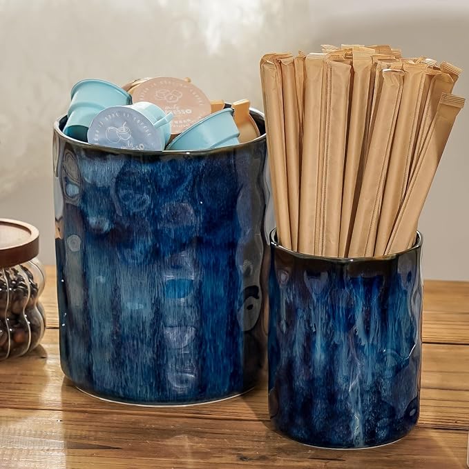 Utensil Holder, 7.25"+5.25" Ceramic Kitchen Utensil Holder for Countertop, Large Cooking Utensil Crocks Gift for Mother's Day, Home Kitchen Decor, Parties,Set of 2, Royal Blue