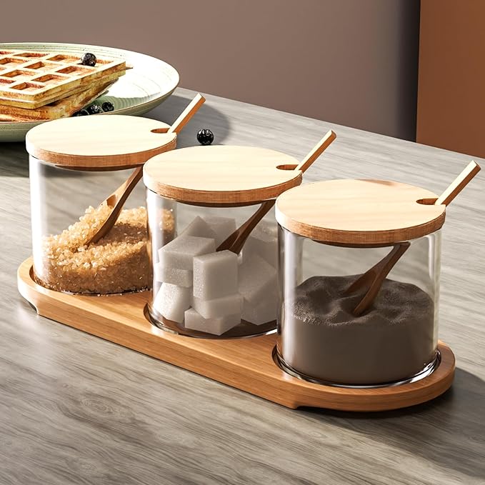 3 Pack Salt Container Clear Glass Spice Jar with Acacia Wooden Lid and Spoon, Condiment Containers with Lids Classic Style, Kitchen Storage Container
