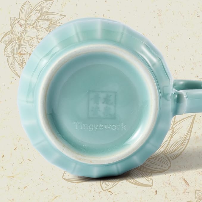 Porcelain Lotus Tea Cup with Lid and Handle, 12 oz Unique Coffee Mug, Microwave Dishwasher Safe, Gifts for Women and Men, Aesthetic Chinese Celadon 1 Pack (Sky Blue)