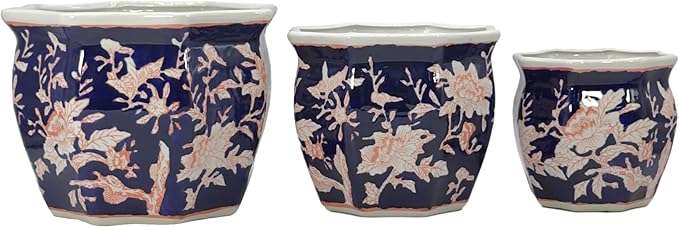 Galt International Blue & Pink Round Fluted Floral Porcelain Ceramic Plant Flower Planter Pot Set of 3 (7.5", 10", 13") Garden Pots Chinese Asian Design
