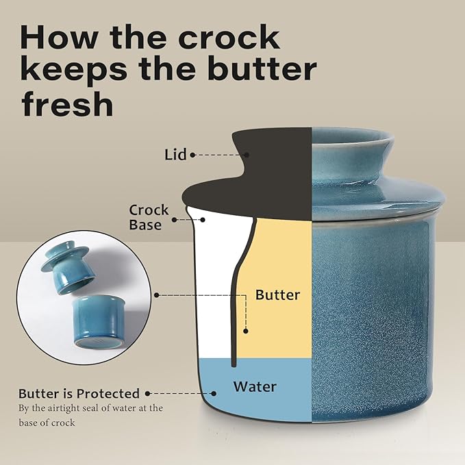 Peacock Blue French Butter Dish,Handmade Reactive Glaze Ceramic Butter Crock with Water Line for Speradable Fresh Butter