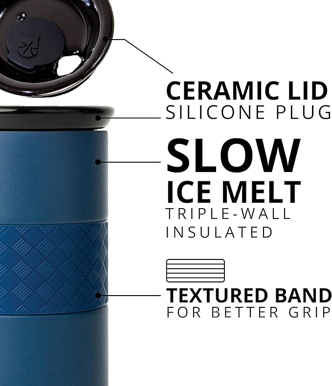 Elemental Personalized Artisan Insulated Tumbler, Triple Wall Coffee Travel Tumbler, Reusable Stainless Steel Coffee Tumbler with Ceramic Lid, Thermal Coffee Cup for Hot & Cold, 16oz - Navy Blue