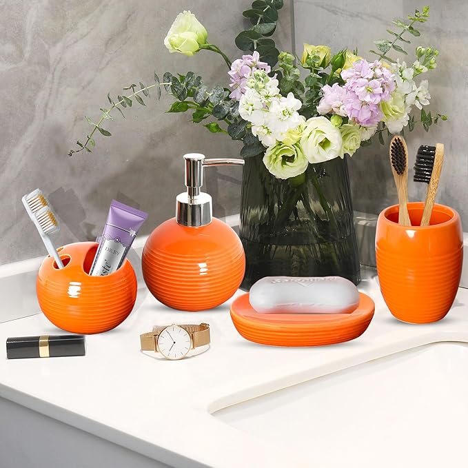 Orange Bathroom Accessories Set 4 Pcs, Ceramic Bathroom Accessory Set with Lotion Soap Dispenser, Toothbrush Holder, Bathroom Tumbler and Soap Dish,Orange Bathroom Decor