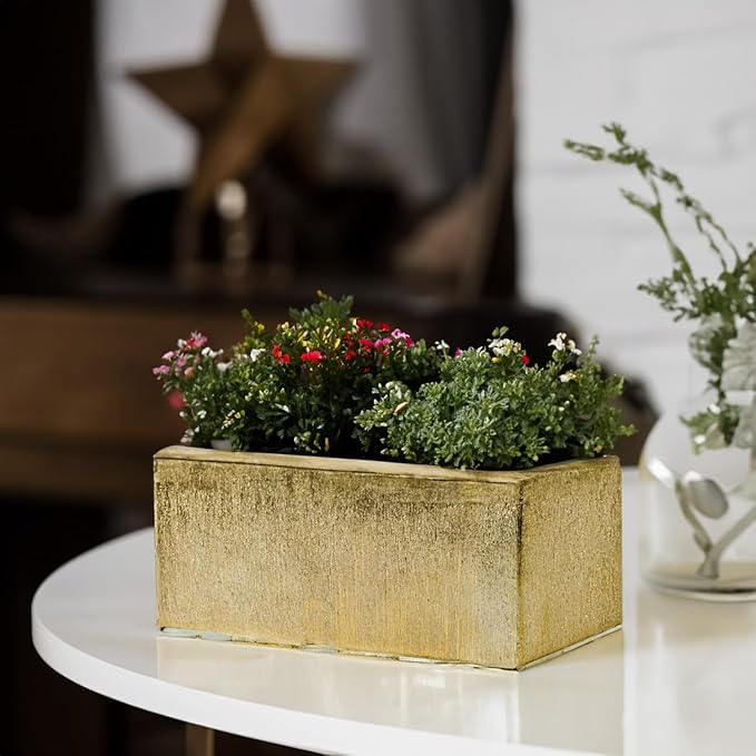 WGVI Long Rectangle Ceramic Planter Vase in Gold Etched 12" x 4" x 4"H, Block Rectangular Terrarium Box Pot, Flower Arrangement, Table top Centerpiece, Home Decor Storage Container, 1 Pc.