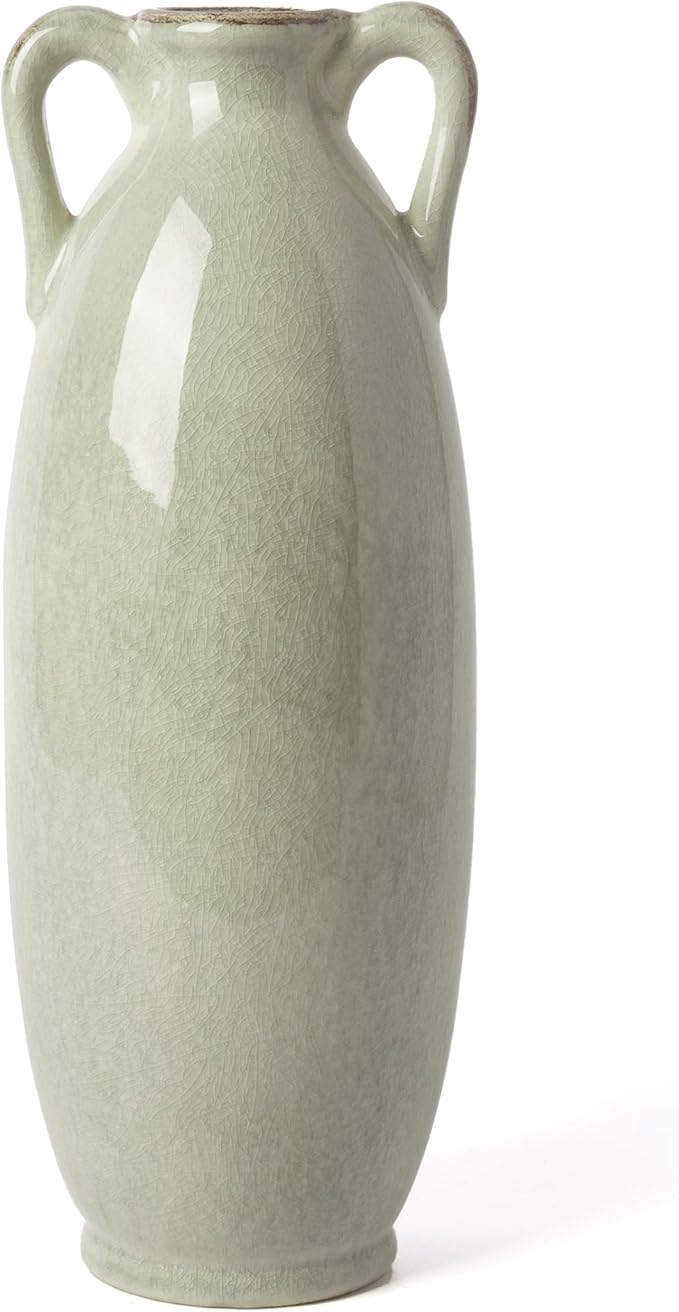 VICTOR & TERESA Green Floor Vase for Pampas Grass, 11'' Tall Vase for Home Decor, Ceramic Farmhouse Decorative Large Vases for Flower, Mantel, Living Room, Shelf, Centerpieces, Gift for Mom