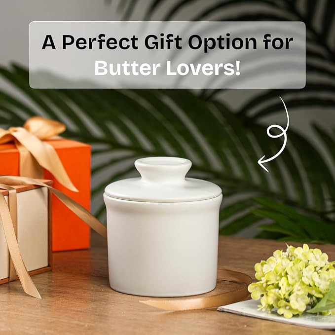 Stoneware Butter Crock with Lid, Ceramic Butter Dish with Water Line, Countertop Butter Keeper, Butter Holder for Countertop, White