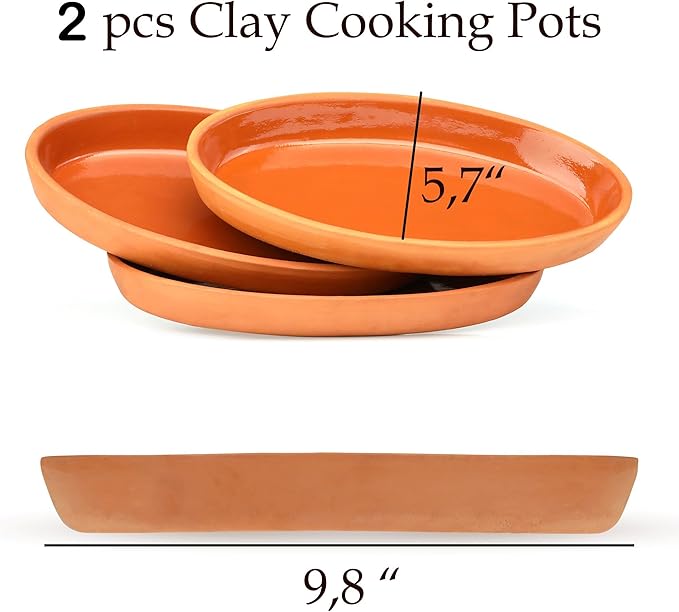 Clay Pot for Cooking - Meat, Fish, Vegetables Pans Set of 2 - Terracotta Mexican Pottery, Indian Cooking Pots, Oven Safe, Premium Quality Clay Cookware, Baking Pan, Meat, Fish Cooking Pan