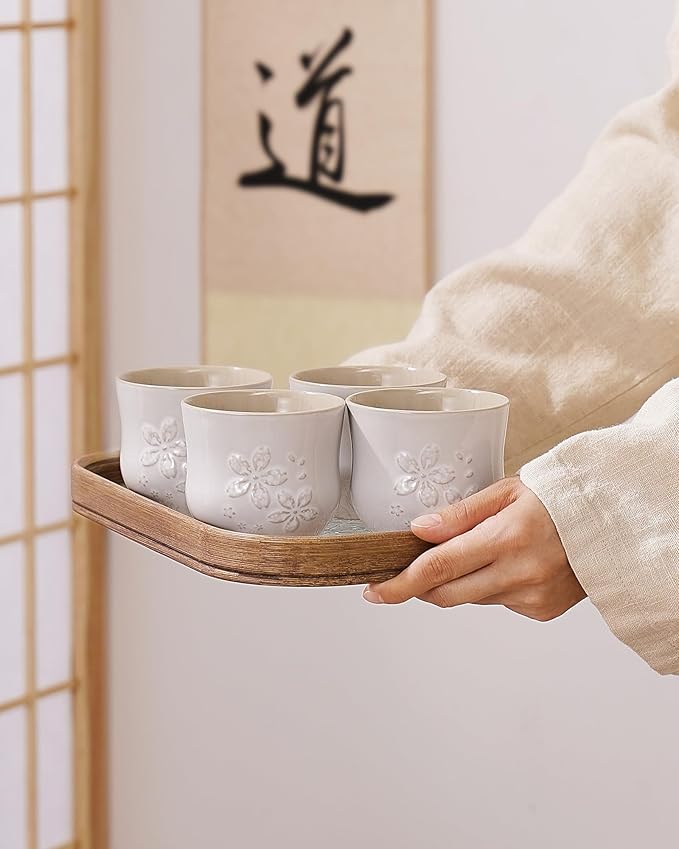ZENS Japanese Tea Cups Set of 4 – 210ML Embossed Porcelain Japan Tea Cups, Handleless, Traditional Japanese Style for Gongfu Tea, Matcha – Off White