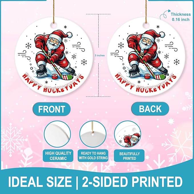 Ice Hockey Christmas Ornament -Round Ceramic 3", Holiday Tree Decoration Keepsake, Hockey Player Christmas Gifts for Boys Girls