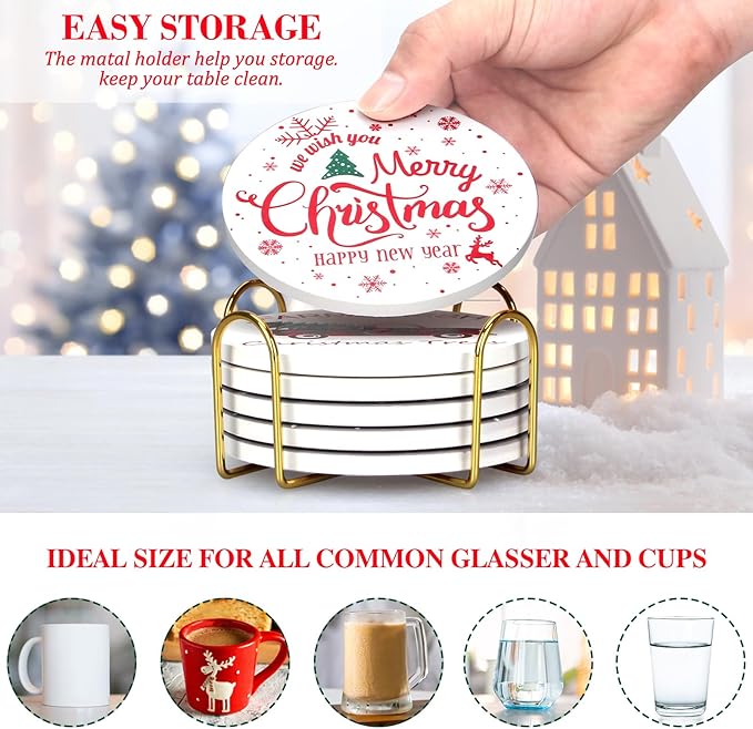 6 Pcs Ceramic Christmas Coasters Absorbent Drink Coasters with Holder Cute Xmas Coaster Set Decorative Coffee Table Decor Coaster Funny Christmas Decoration Housewarming Gift Festive Cup Coasters