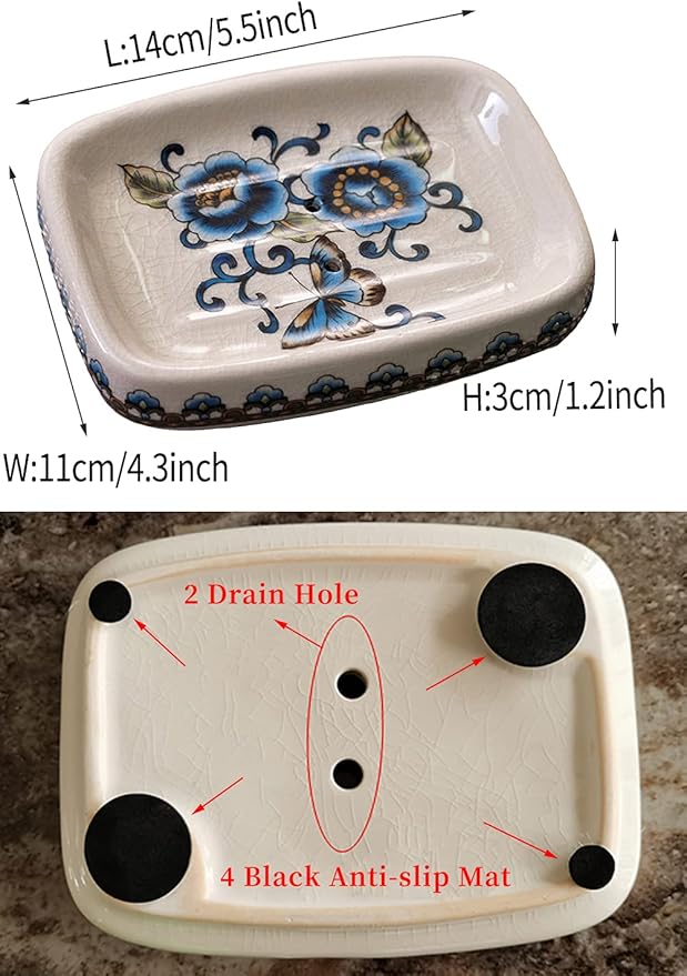 Kelake Ceramic Soap Dish Creative Ice Crack Ceramic Blue Butterfly and Flower Pattern Soap Dish Holder for Bathroom and Shower Soap Tray Box with Drain Gift for Mum Family