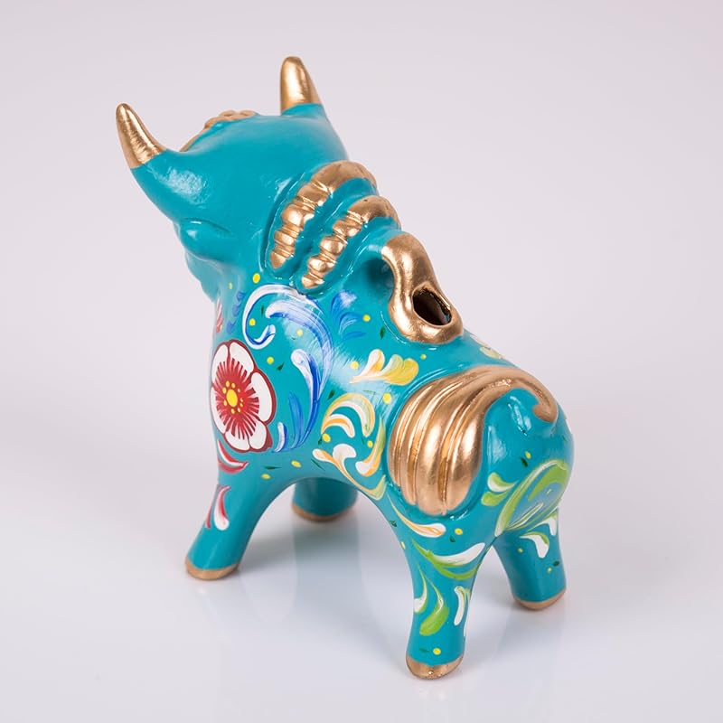 Turquoise Figurine Pucara Bull 4.7"H, Ceramic Bull Pucara, Peru Folk art, Pottery Sculpture Bull, sculpture made of clay, Unique Gift Peru