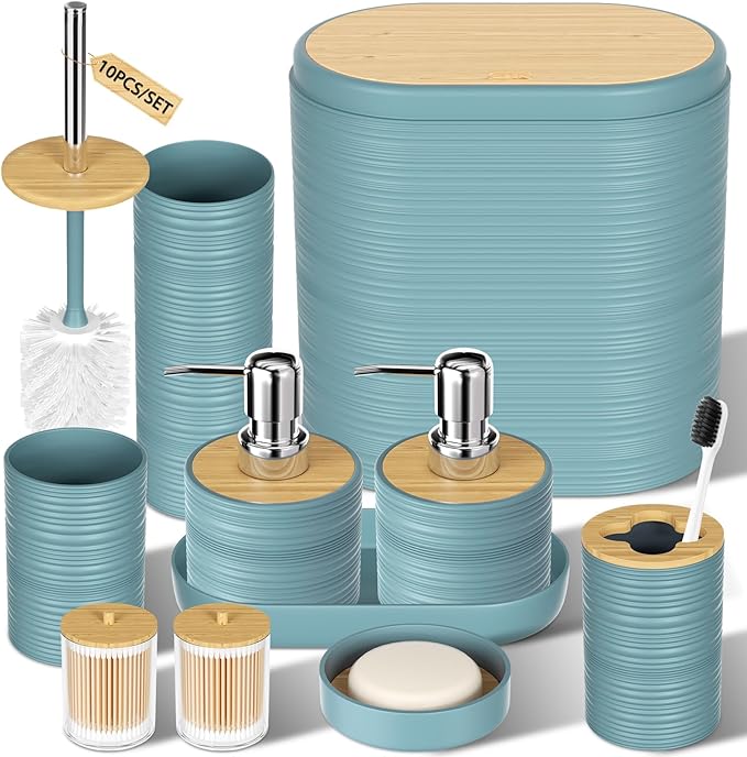 Light Blue Bathroom Set - 10PC Bathroom Accessories Set, Luxury Bathroom Accessory Set with Trash Can,Toilet Brush & 2 PC Soap Dispensers for Apartment Decor and Housewarming