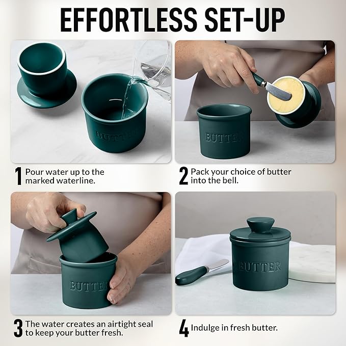 Zulay Kitchen Bell Shaped Butter Crock with Lid for Countertop with Water Line & Spreader Knife, Ceramic French Butter Dish Keeper For Fresh, Soft & Spreadable Butter - Forest Green
