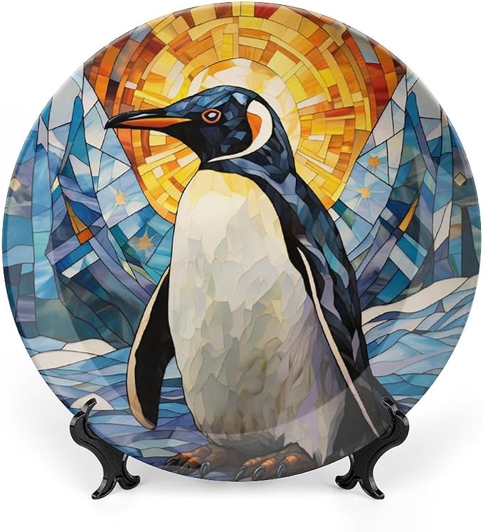 Decorative Plates for Wall Hanging, Lovely Penguin Watercolor Stained Glass Painting Ceramic Plate w/Display Stand, Home Decor for Kitchen Cabinets, Round Tray 8 Inch, Gift for Penguin Lovers