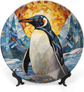 Decorative Plates for Wall Hanging, Lovely Penguin Watercolor Stained Glass Painting Ceramic Plate w/Display Stand, Home Decor for Kitchen Cabinets, Round Tray 6 Inch, Gift for Penguin Lovers