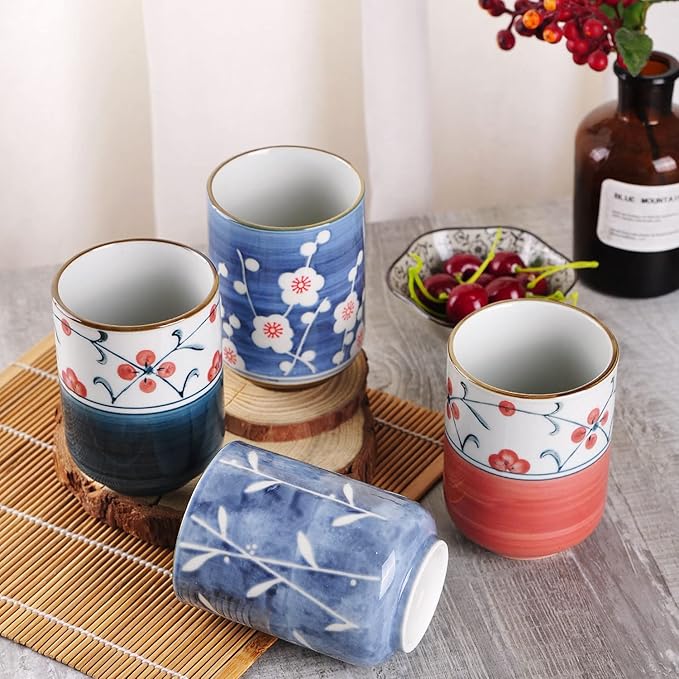 WHJY 10oz Transitional Chinese/Japanese style Handle-less Ceramic Tea cups teacup, Red Flora Pattern Set of 2