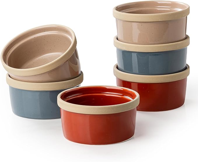 Ramekins 8 Oz Oven Safe, Ceramic Creme Brulee Souffle Dishes, Pudding Custard Cups Ramekin For Baking, Small Dipping Sauce Bowls, Set of 6, Microwave and Dishwasher Safe (Artisan Colors)
