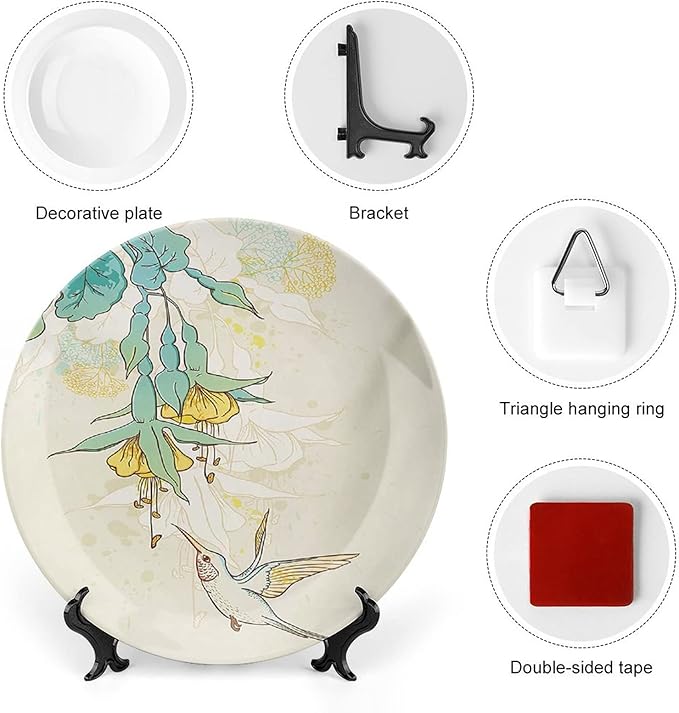 XISUNYA 6 Inch Decorative Plate, Hummingbird Ceramic Plate, Hummingbird and Tropical Flowers Summertime Print Ceramic Wall Hanging Decor Accessory for Dining Table Tabletop Home Decor