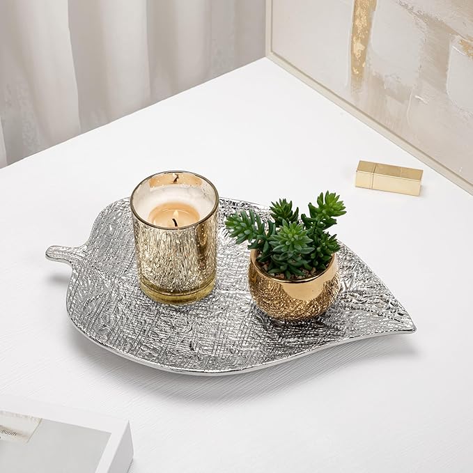 Oversized Leaf-Shaped Ceramic Jewelry Tray, 12.6" Large Decorative Tray Silver Vanity Trays for Rings, Necklaces, Keys, Gifts for Mom, Coffee Table Decor, Entryway Table Trays, 1 Pack