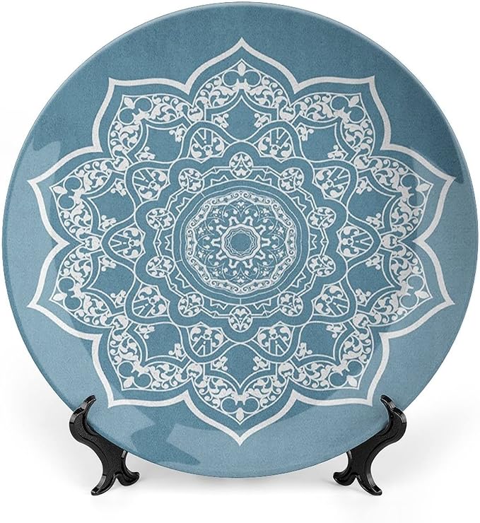 7 Inch Decorative Plate, Lotus Ceramic Plate, Cultural Universe Symbol Floral Mandala with Lace Boho Print Ceramic Wall Hanging for Fine Dining Upscale Events, Dinner Parties, Weddings, Catering