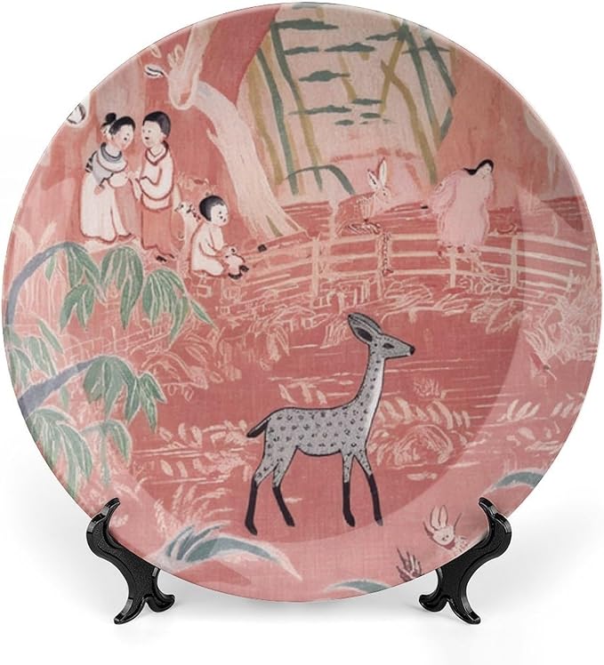 Fishing Village Orange Ceramic Decorative Plate for Display Chinoiserie Pagoda Coral Pink Asian Farmhouse Wedding Supplies Table Holiday Party Decorations Personalized Gifts Anniversary