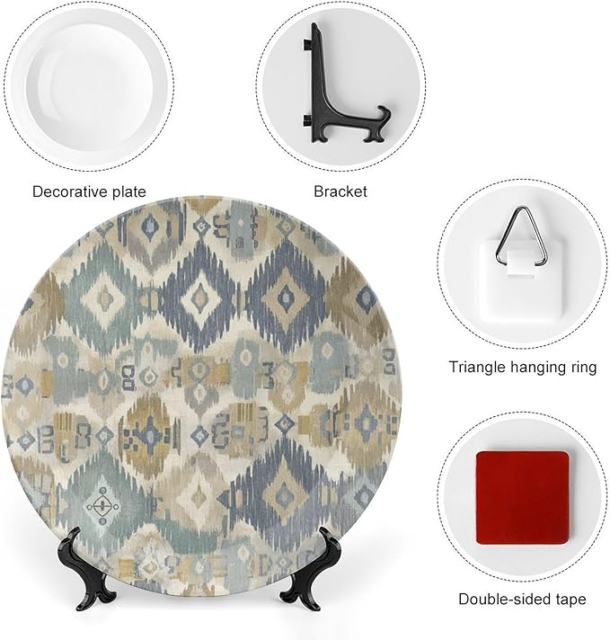 Custom Gifts Fashion Plates, Thibaut Boho Ikat in Navy Blue Wall Hanging Decorative Plate Wedding Including Bracket And Special Hook, Rust Decor for Farmhouse Office Club, 6", 7", 8", 10"