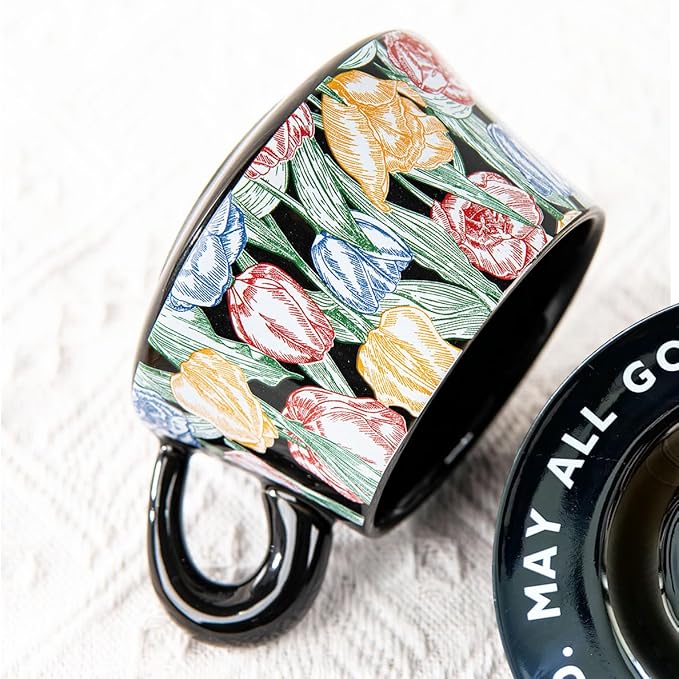 Tea Cup and Saucer Set of 2,Bone China Tulip Ceramic Coffee Cup Gift Set with Box，Latte Mug for Mother's Day Gifts（8.95 oz）