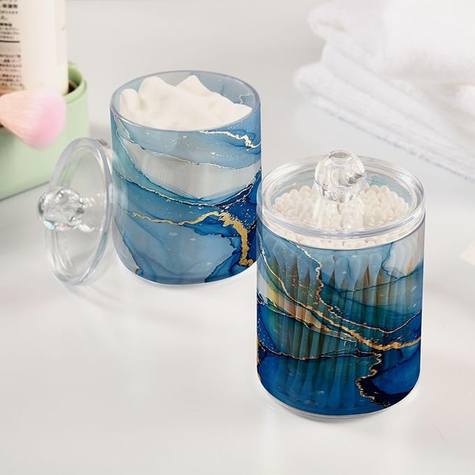 MNSRUU 2 Pack Qtip Holder Organizer Dispenser Blue White Marble Wave Bathroom Storage Canister Cotton Ball Holder Bathroom Containers for Cotton Swabs/Pads/Floss