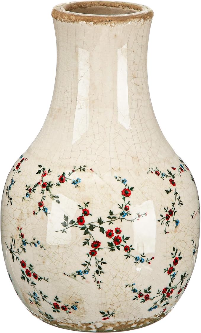 LemonRoad Vintage Ceramic Flower Vase 5.7 Inch Chinoiserie Ice Cracked Glaze Porcelain Vase Rustic Ceramic Large Centerpieces for Home Table Living Room Bookshelf Office(Rose Style)