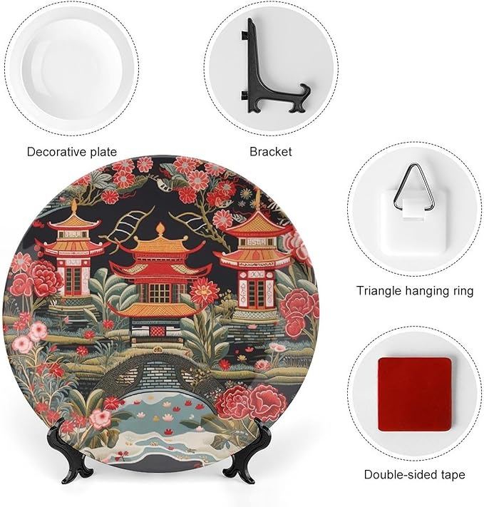Chinoiserie Charcoal Coral Pagoda Asian Decorative Plate of 6", 7", 9", 10", Custom Oriental Chinoiserie Porcelain Dessert Plate Set, Club Housewarming Gifts Decorations Table, with 1 Display Stand