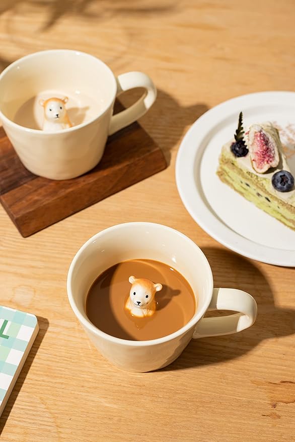 DIHOclub Bear Ceramic Cup Hidden 3D Animal Inside Mug,Cute Cartoon Handmade Figurine Mugs,Holiday and Birthday Gift for Coffee Milk Tea Lovers,12 OZ(Cream Color) | Bear, Cute Cartoon, Handmade, Figurine Mugs