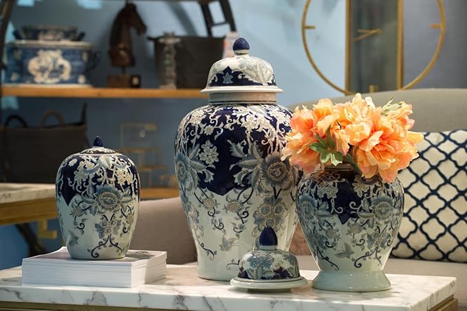A&B Home 23" Tall Porcelain Vase with Lid Ceramic Blue and White Floral Print Ginger Jar Display Storage Asian Decor Centerpiece