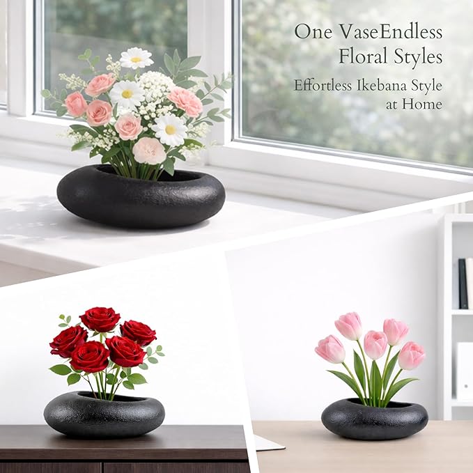 Japanese Flower Frog Vase Set – Minimalist Black Ceramic Flower Vase with Flower Frog, Modern Flower Arrangement Pot for Living Room Decor & Art Supplies, Gift Box for Flower Lover