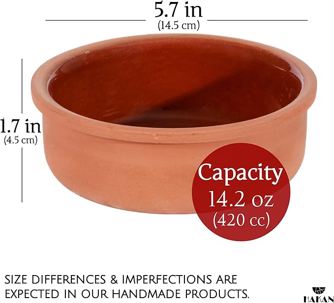 Hakan Athens Clay Bowl Set of 4, Terracotta 5.7-inch Bowls, 14.2 Oz Ancient Pottery, Glazed Inside Cooking Clay Bowls in Box, Turkish Clay Yogurt Pots, Earthenware for Mexican Dishes, 4 Pcs, 420 cc